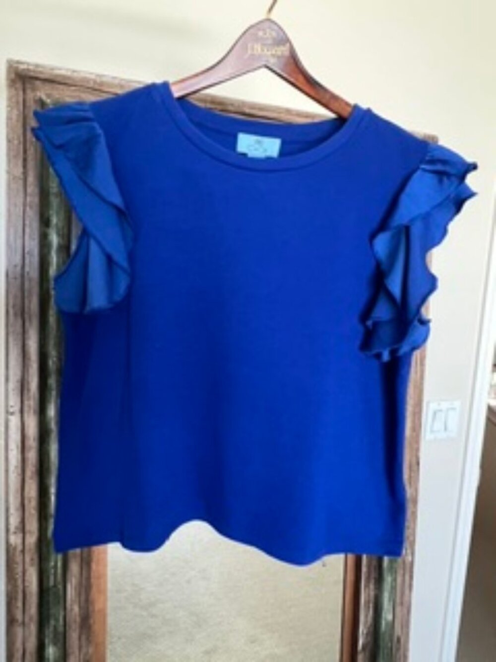 CeCe Royal Blue Ruffle Sleeve Knit Top Size M Crew Neck